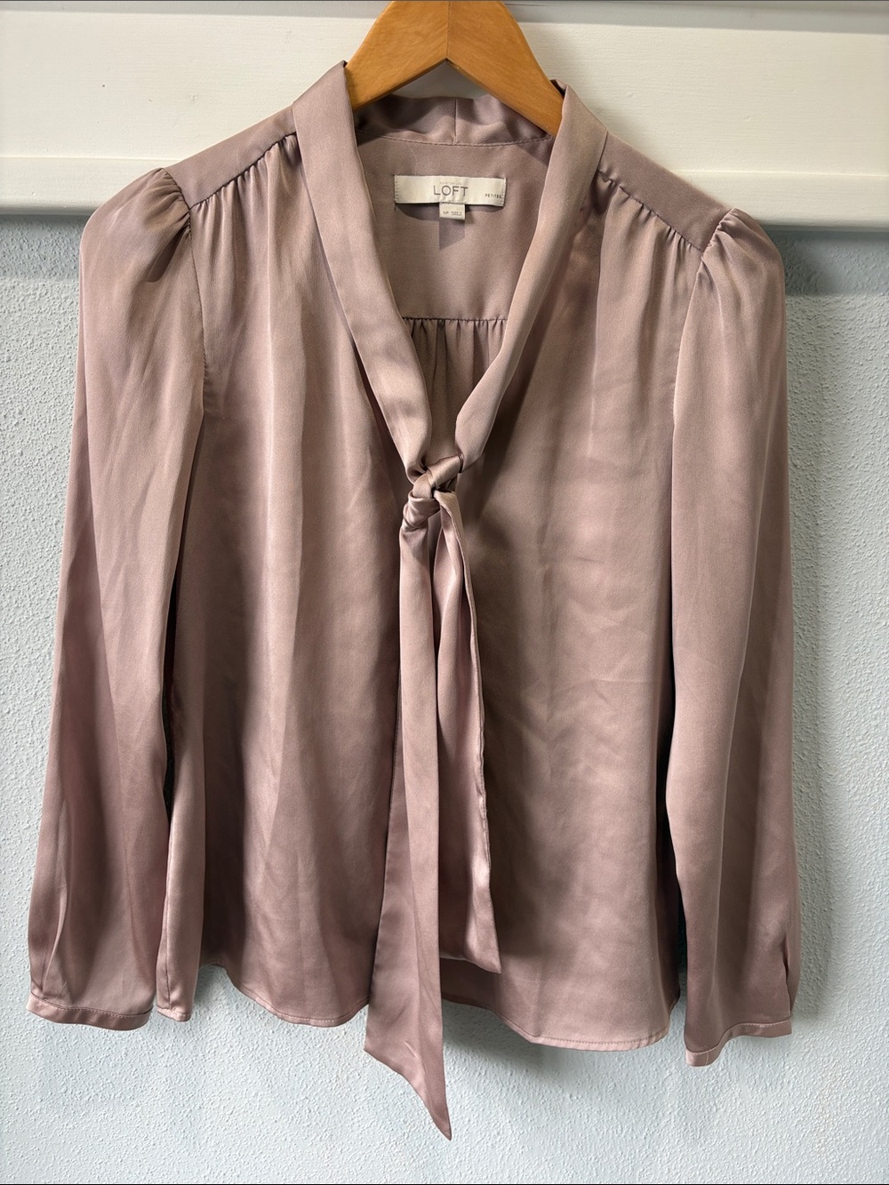 LOFT Dusty Rose Satin Tie-Neck Blouse